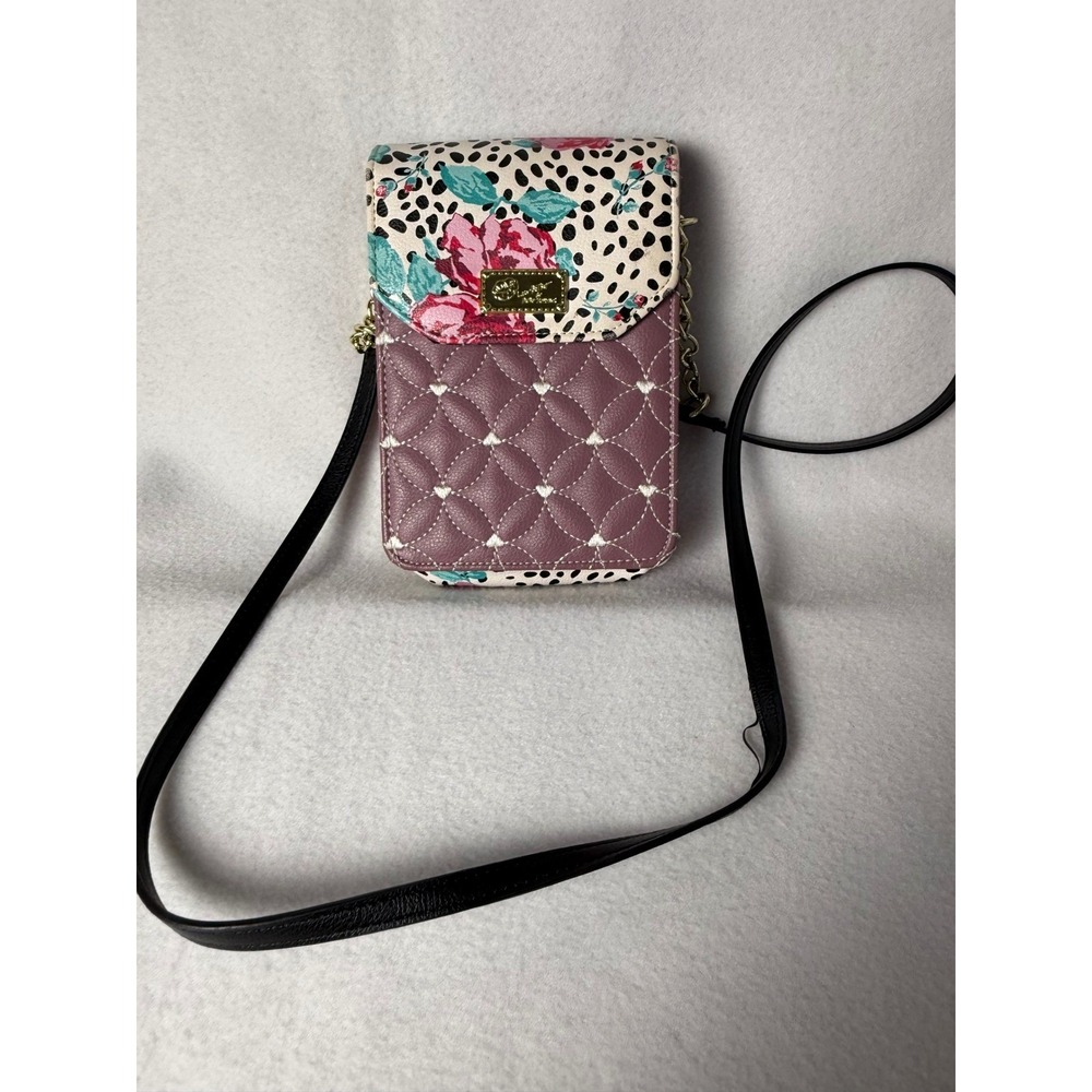 Betsey Johnson Crossbody Phone Bag Mauve Quilted Heart Floral Leopard Print